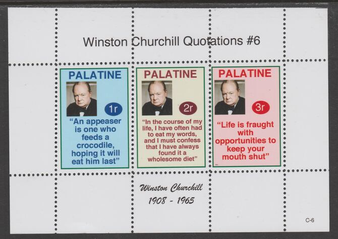 Palatine (Fantasy) Quotations by Winston Churchill #6 perf deluxe glossy sheetlet containing 3 values each with a famous quotation,unmounted mint, stamps on personalities, stamps on churchill, stamps on 