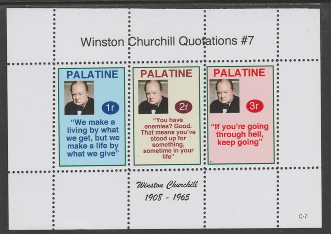 Palatine (Fantasy) Quotations by Winston Churchill #7 perf deluxe glossy sheetlet containing 3 values each with a famous quotation,unmounted mint, stamps on personalities, stamps on churchill, stamps on 