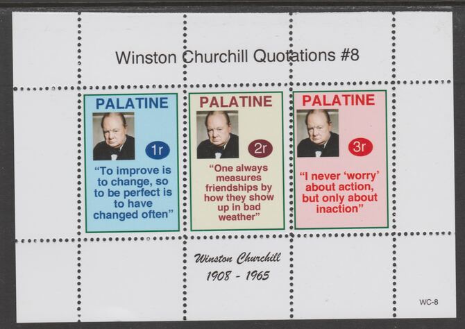 Palatine (Fantasy) Quotations by Winston Churchill #8 perf deluxe glossy sheetlet containing 3 values each with a famous quotation,unmounted mint, stamps on , stamps on  stamps on personalities, stamps on  stamps on churchill, stamps on  stamps on 