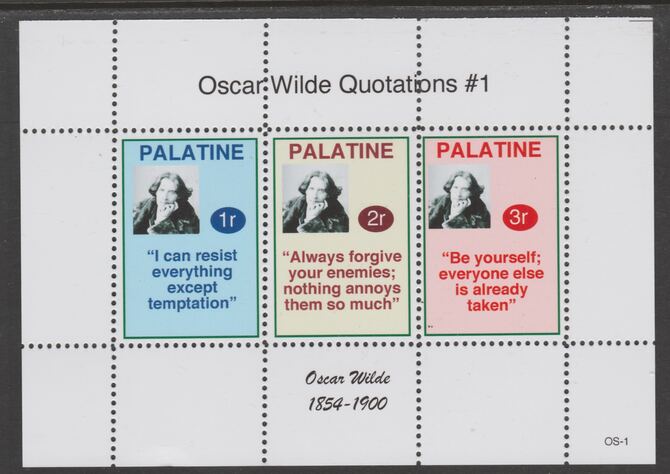 Palatine (Fantasy) Quotations by Oscar Wilde #1 perf deluxe glossy sheetlet containing 3 values each with a famous quotation,unmounted mint, stamps on , stamps on  stamps on personalities, stamps on  stamps on wilde, stamps on  stamps on poetry, stamps on  stamps on literature