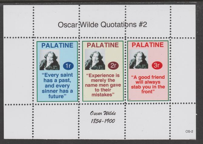 Palatine (Fantasy) Quotations by Oscar Wilde #2 perf deluxe glossy sheetlet containing 3 values each with a famous quotation,unmounted mint, stamps on personalities, stamps on wilde, stamps on poetry, stamps on literature