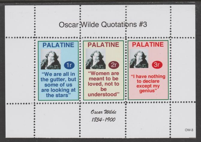 Palatine (Fantasy) Quotations by Oscar Wilde #3 perf deluxe glossy sheetlet containing 3 values each with a famous quotation,unmounted mint, stamps on , stamps on  stamps on personalities, stamps on  stamps on wilde, stamps on  stamps on poetry, stamps on  stamps on literature