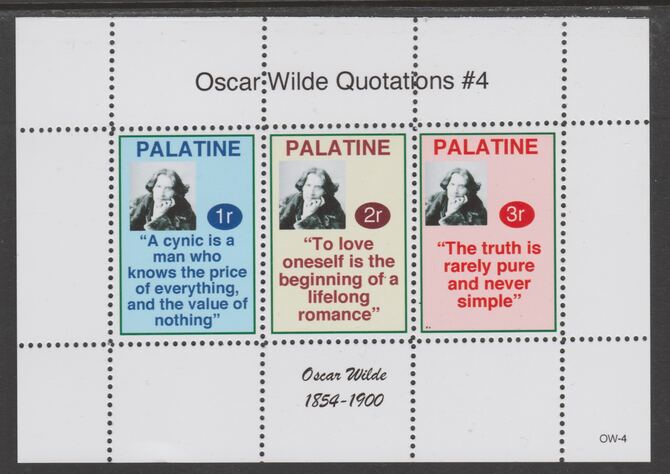 Palatine (Fantasy) Quotations by Oscar Wilde #4 perf deluxe glossy sheetlet containing 3 values each with a famous quotation,unmounted mint, stamps on personalities, stamps on wilde, stamps on poetry, stamps on literature