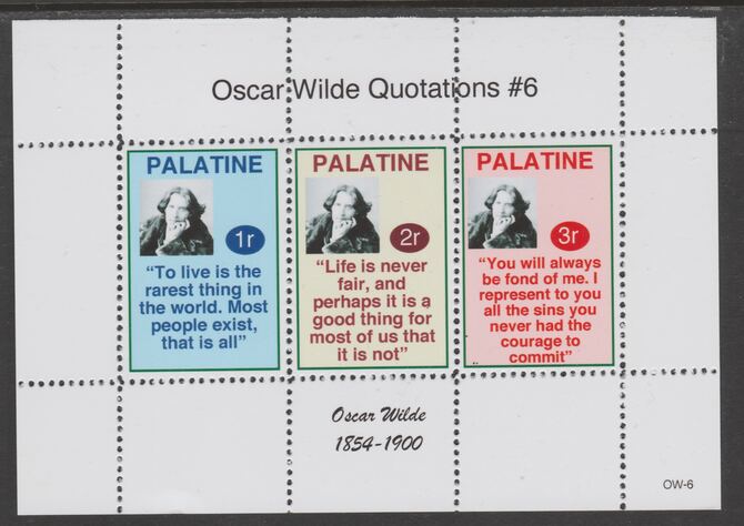 Palatine (Fantasy) Quotations by Oscar Wilde #6 perf deluxe glossy sheetlet containing 3 values each with a famous quotation,unmounted mint, stamps on personalities, stamps on wilde, stamps on poetry, stamps on literature