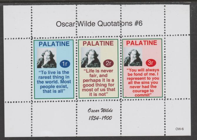 Palatine (Fantasy) Quotations by Oscar Wilde #6 perf deluxe glossy sheetlet containing 3 values each with a famous quotation,unmounted mint, stamps on , stamps on  stamps on personalities, stamps on  stamps on wilde, stamps on  stamps on poetry, stamps on  stamps on literature