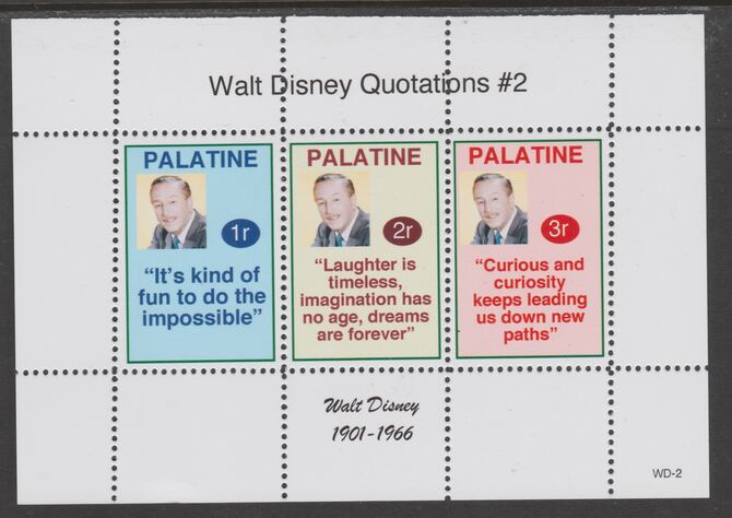 Palatine (Fantasy) Quotations by Walt Disney #2 perf deluxe glossy sheetlet containing 3 values each with a famous quotation,unmounted mint, stamps on personalities, stamps on disney, stamps on films, stamps on movies, stamps on cinema, stamps on cartoons