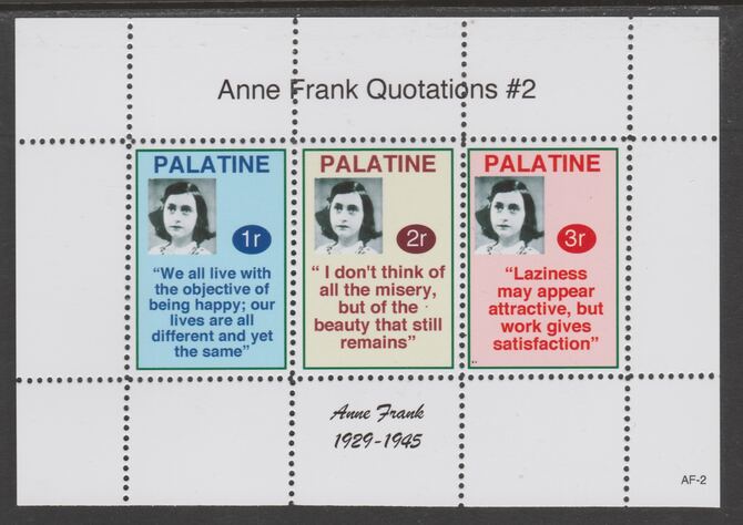 Palatine (Fantasy) Quotations by Anne Frank #2 perf deluxe glossy sheetlet containing 3 values each with a famous quotation,unmounted mint, stamps on personalities, stamps on holocaust, stamps on  ww2 , stamps on literature