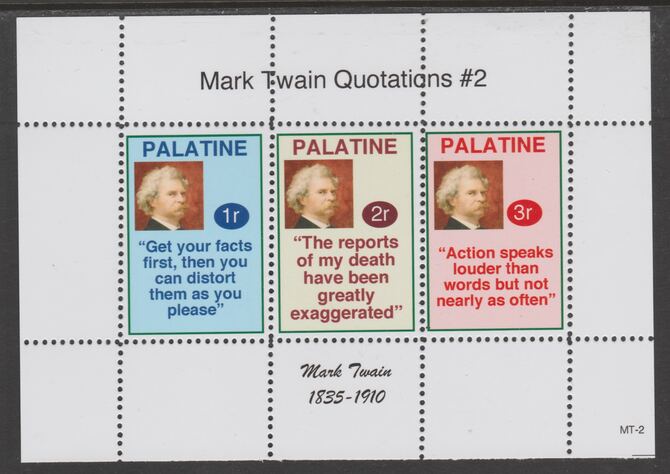 Palatine (Fantasy) Quotations by Mark Twain #2 perf deluxe glossy sheetlet containing 3 values each with a famous quotation,unmounted mint, stamps on , stamps on  stamps on personalities, stamps on  stamps on twain, stamps on  stamps on literature, stamps on  stamps on americana