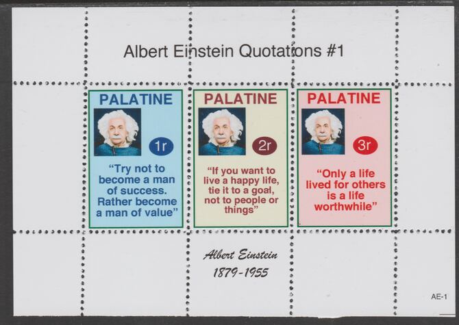 Palatine (Fantasy) Quotations by Albert Einstein #1 perf deluxe glossy sheetlet containing 3 values each with a famous quotation,unmounted mint, stamps on , stamps on  stamps on personalities, stamps on  stamps on einstein, stamps on  stamps on science, stamps on  stamps on physics, stamps on  stamps on nobel, stamps on  stamps on judaica