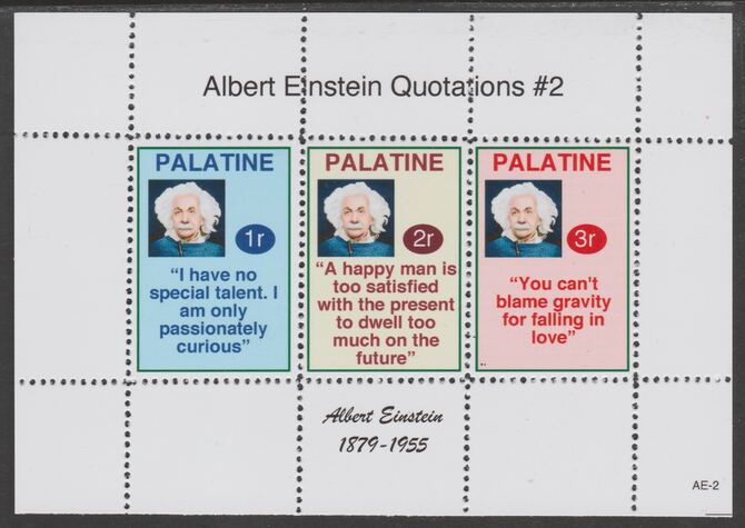 Palatine (Fantasy) Quotations by Albert Einstein #2 perf deluxe glossy sheetlet containing 3 values each with a famous quotation,unmounted mint, stamps on personalities, stamps on einstein, stamps on science, stamps on physics, stamps on nobel, stamps on judaica