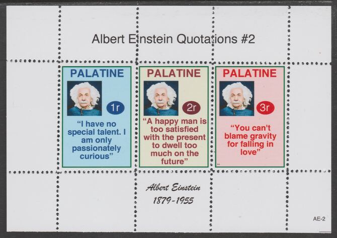 Palatine (Fantasy) Quotations by Albert Einstein #2 perf deluxe glossy sheetlet containing 3 values each with a famous quotation,unmounted mint, stamps on , stamps on  stamps on personalities, stamps on  stamps on einstein, stamps on  stamps on science, stamps on  stamps on physics, stamps on  stamps on nobel, stamps on  stamps on judaica