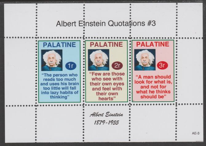 Palatine (Fantasy) Quotations by Albert Einstein #3 perf deluxe glossy sheetlet containing 3 values each with a famous quotation,unmounted mint, stamps on personalities, stamps on einstein, stamps on science, stamps on physics, stamps on nobel, stamps on judaica