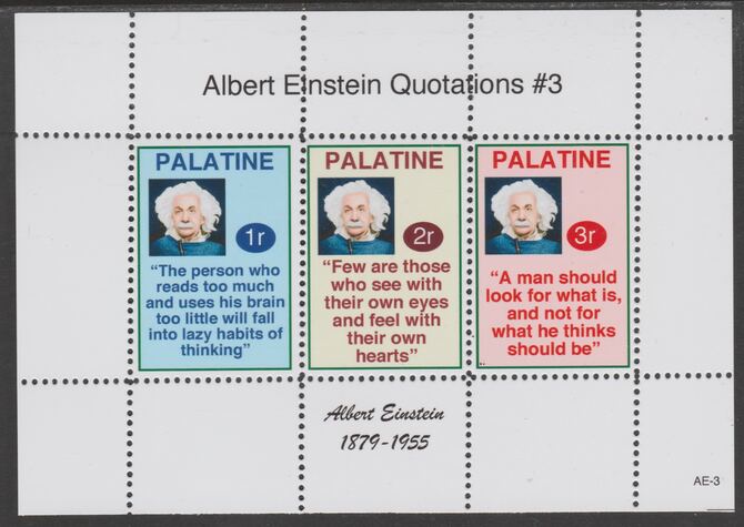 Palatine (Fantasy) Quotations by Albert Einstein #3 perf deluxe glossy sheetlet containing 3 values each with a famous quotation,unmounted mint, stamps on , stamps on  stamps on personalities, stamps on  stamps on einstein, stamps on  stamps on science, stamps on  stamps on physics, stamps on  stamps on nobel, stamps on  stamps on judaica