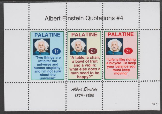 Palatine (Fantasy) Quotations by Albert Einstein #4 perf deluxe glossy sheetlet containing 3 values each with a famous quotation,unmounted mint, stamps on personalities, stamps on einstein, stamps on science, stamps on physics, stamps on nobel, stamps on judaica