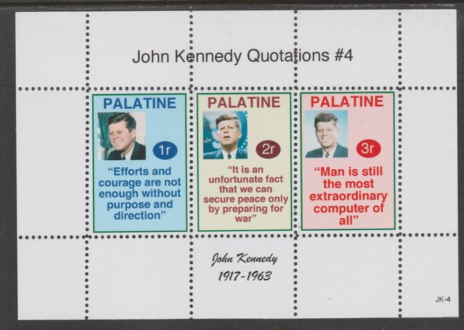 Palatine (Fantasy) Quotations by John Kennedy #4 perf deluxe glossy sheetlet containing 3 values each with a famous quotation,unmounted mint, stamps on personalities, stamps on kennedy, stamps on us presidents, stamps on americana