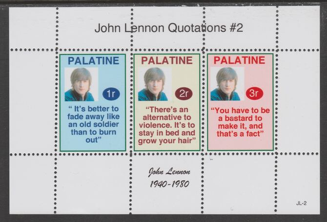 Palatine (Fantasy) Quotations by John Lennon #2 perf deluxe glossy sheetlet containing 3 values each with a famous quotation,unmounted mint, stamps on , stamps on  stamps on personalities, stamps on  stamps on lennon, stamps on  stamps on beatles, stamps on  stamps on music, stamps on  stamps on rock, stamps on  stamps on pops