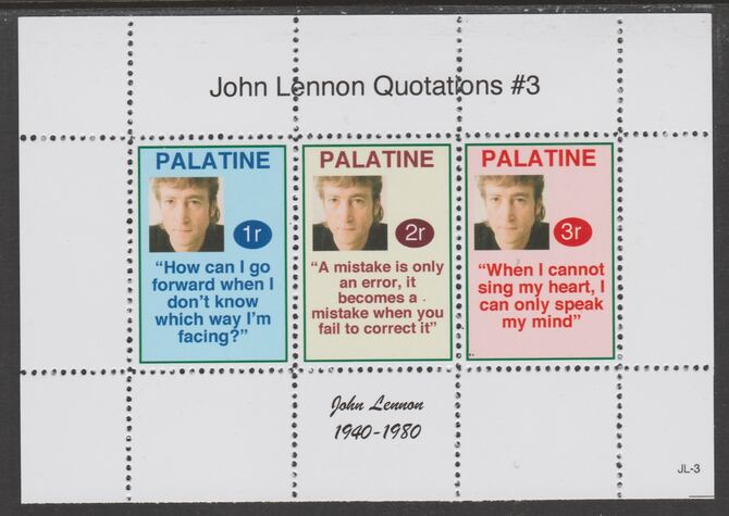 Palatine (Fantasy) Quotations by John Lennon #3 perf deluxe glossy sheetlet containing 3 values each with a famous quotation,unmounted mint, stamps on , stamps on  stamps on personalities, stamps on  stamps on lennon, stamps on  stamps on beatles, stamps on  stamps on music, stamps on  stamps on rock, stamps on  stamps on pops