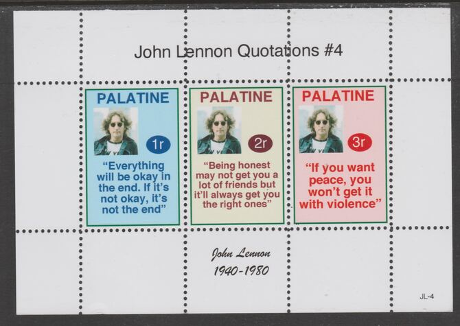 Palatine (Fantasy) Quotations by John Lennon #4 perf deluxe glossy sheetlet containing 3 values each with a famous quotation,unmounted mint, stamps on , stamps on  stamps on personalities, stamps on  stamps on lennon, stamps on  stamps on beatles, stamps on  stamps on music, stamps on  stamps on rock, stamps on  stamps on pops