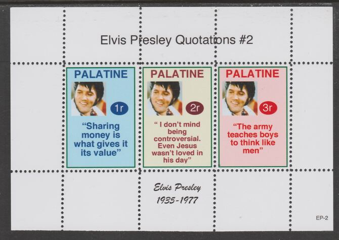 Palatine (Fantasy) Quotations by Elvis Presley #2 perf deluxe glossy sheetlet containing 3 values each with a famous quotation,unmounted mint, stamps on personalities, stamps on elvis, stamps on music, stamps on rock, stamps on pops, stamps on films