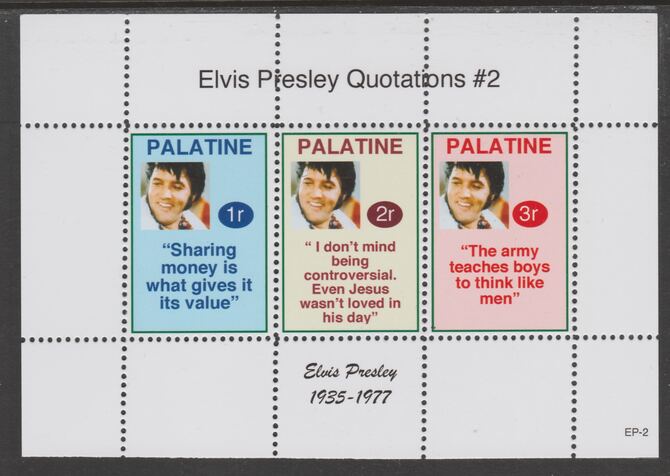 Palatine (Fantasy) Quotations by Elvis Presley #2 perf deluxe glossy sheetlet containing 3 values each with a famous quotation,unmounted mint, stamps on personalities, stamps on elvis, stamps on music, stamps on rock, stamps on pops, stamps on films