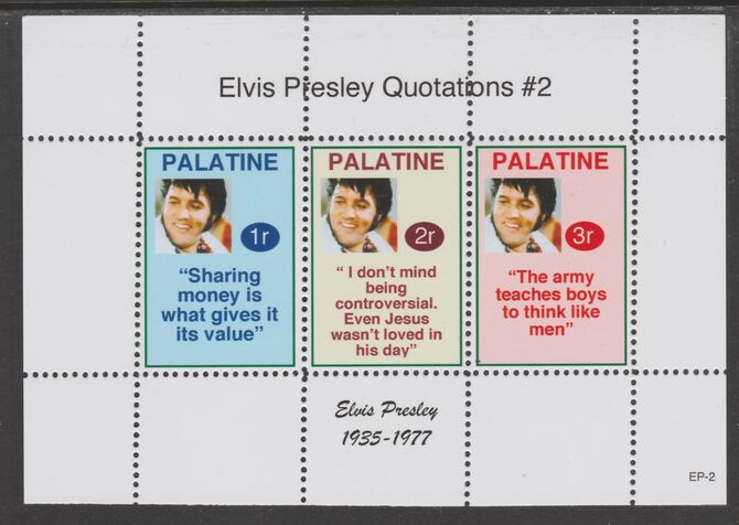 Palatine (Fantasy) Quotations by Elvis Presley #2 perf deluxe glossy sheetlet containing 3 values each with a famous quotation,unmounted mint, stamps on , stamps on  stamps on personalities, stamps on  stamps on elvis, stamps on  stamps on music, stamps on  stamps on rock, stamps on  stamps on pops, stamps on  stamps on films