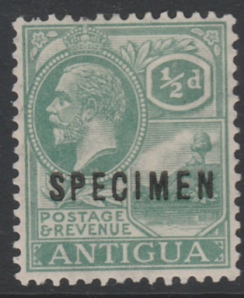 Antigua 1921 KG5 1/2d green overprinted SPECIMEN, fine with gum and only about 400 produced, SG 62s, stamps on specimens