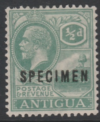 Antigua 1921 KG5 1/2d green overprinted SPECIMEN, fine with gum and only about 400 produced, SG 62s