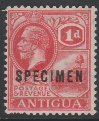 Antigua 1921 KG5 1d carmine overprinted SPECIMEN, fine with gum and only about 400 produced, SG 63s, stamps on specimens