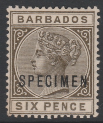 Barbados 1882 QV 6d overprinted SPECIMEN, beautifully fresh with gum and only about 345 produced, SG 100s, stamps on specimens