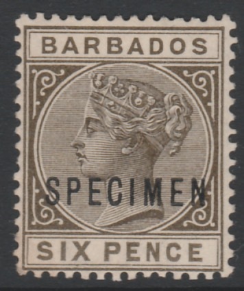 Barbados 1882 QV 6d overprinted SPECIMEN, beautifully fresh with gum and only about 345 produced, SG 100s, stamps on , stamps on  stamps on specimens