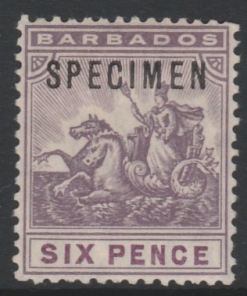 Barbados 1907 Britannia 6d overprinted SPECIMEN, fine with gum and only about 300 produced, SG 168s, stamps on , stamps on  stamps on specimens