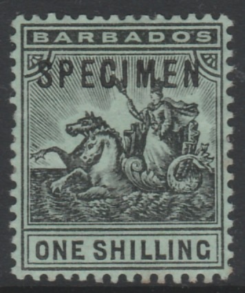 Barbados 1907 Britannia 1s overprinted SPECIMEN, fine with gum and only about 300 produced, SG 169s, stamps on , stamps on  stamps on specimens