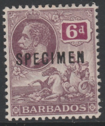 Barbados 1912 KG5 6d overprinted SPECIMEN, fine with gum and only about 400 produced, SG 177s, stamps on , stamps on  stamps on specimens