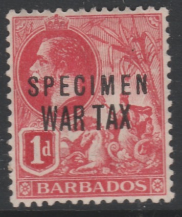 Barbados 1917 KG5 1d WAR TAX overprinted SPECIMEN, fine with gum and only about 400 produced, SG 97s, stamps on , stamps on  stamps on specimens