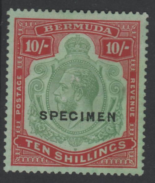 Bermuda 1924 KG5 Script CA 10s overprinted SPECIMEN, (type D16) fine with gum and good colour, only about 400 produced, SG 92s, stamps on specimens