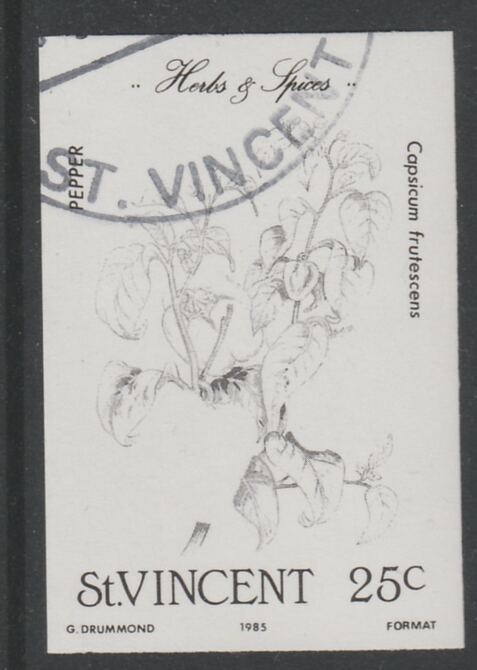 St Vincent 1985 Herbs & Spices 25c pepper imperf proof in black only, fine used with part St Vincent cancellation, produced for a promotion. Ex Format archives (as SG 868) , stamps on food      herbs & spices