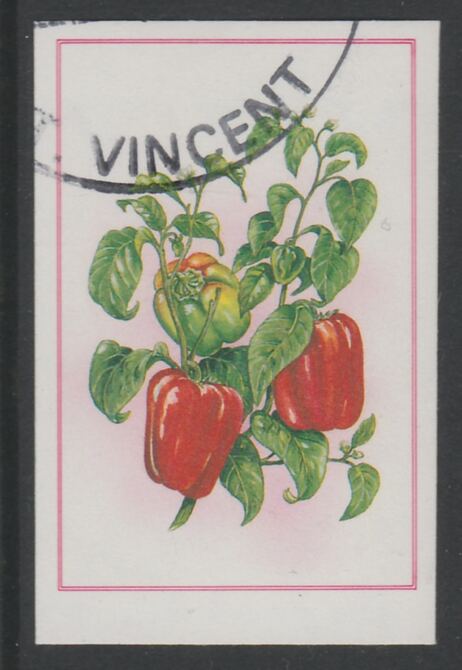 St Vincent 1985 Herbs & Spices 25c pepper imperf proof in 3 colours only (yellow, cyan & magenta), fine used with part St Vincent cancellation, produced for a promotion. Ex Format archives (as SG 868) , stamps on food      herbs & spices