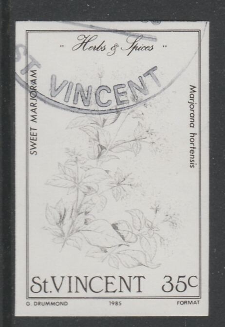 St Vincent 1985 Herbs & Spices 35c Sweet Marjoram imperf proof in black only, fine used with part St Vincent cancellation, produced for a promotion. Ex Format archives (as SG 869) , stamps on , stamps on  stamps on food      herbs & spices