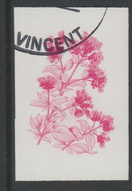 St Vincent 1985 Herbs & Spices 35c Sweet Marjoram imperf proof in magenta only, fine used with part St Vincent cancellation, produced for a promotion. Ex Format archives (as SG 869) , stamps on , stamps on  stamps on food      herbs & spices