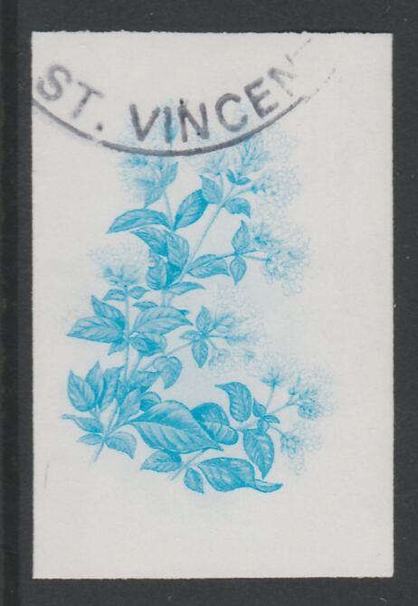 St Vincent 1985 Herbs & Spices 35c Sweet Marjoram imperf proof in cyan only, fine used with part St Vincent cancellation, produced for a promotion. Ex Format archives (as SG 869) , stamps on , stamps on  stamps on food      herbs & spices