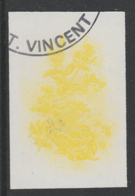 St Vincent 1985 Herbs & Spices 35c Sweet Marjoram imperf proof in yellow only, fine used with part St Vincent cancellation, produced for a promotion. Ex Format archives (as SG 869) , stamps on , stamps on  stamps on food      herbs & spices