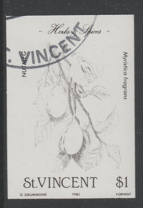 St Vincent 1985 Herbs & Spices $1 Nutmeg imperf proof in black only, fine used with part St Vincent cancellation, produced for a promotion. Ex Format archives (as SG 870) , stamps on , stamps on  stamps on food      herbs & spices