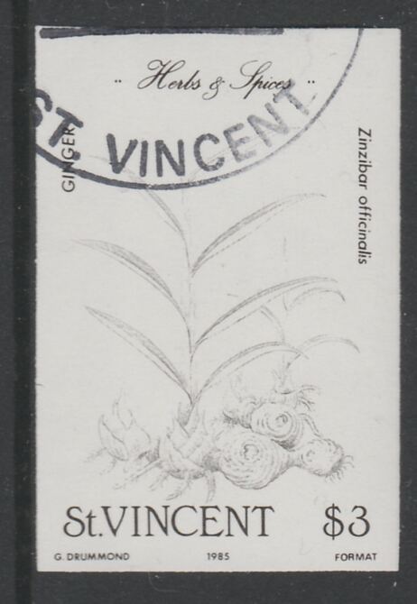 St Vincent 1985 Herbs & Spices $3 Gingeri mperf proof in black only, fine used with part St Vincent cancellation, produced for a promotion. Ex Format archives (as SG 871) , stamps on , stamps on  stamps on food      herbs & spices