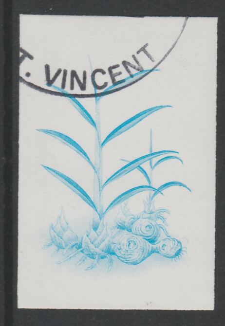 St Vincent 1985 Herbs & Spices $3 Gingeri mperf proof in cyan only, fine used with part St Vincent cancellation, produced for a promotion. Ex Format archives (as SG 871) , stamps on , stamps on  stamps on food      herbs & spices