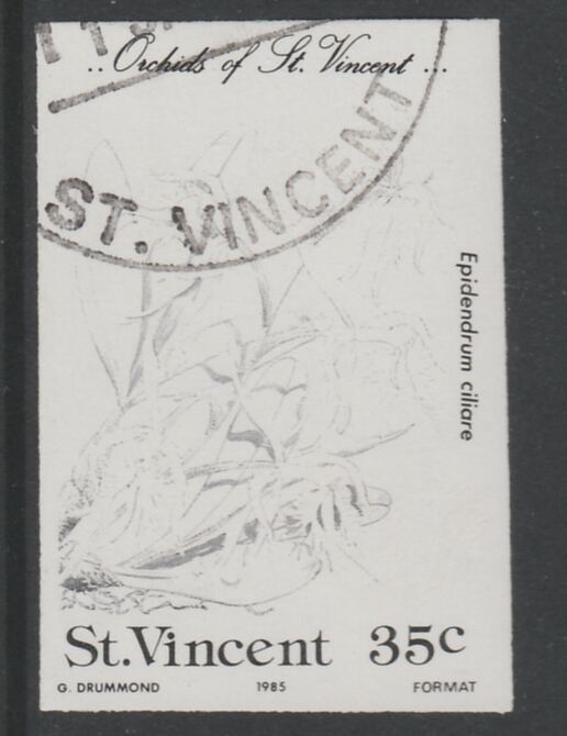St Vincent 1985 Orchids 35c imperf proof in black only, fine used with part St Vincent cancellation, produced for a promotion. Ex Format International archives (as SG 850..., stamps on flowers, stamps on orchids
