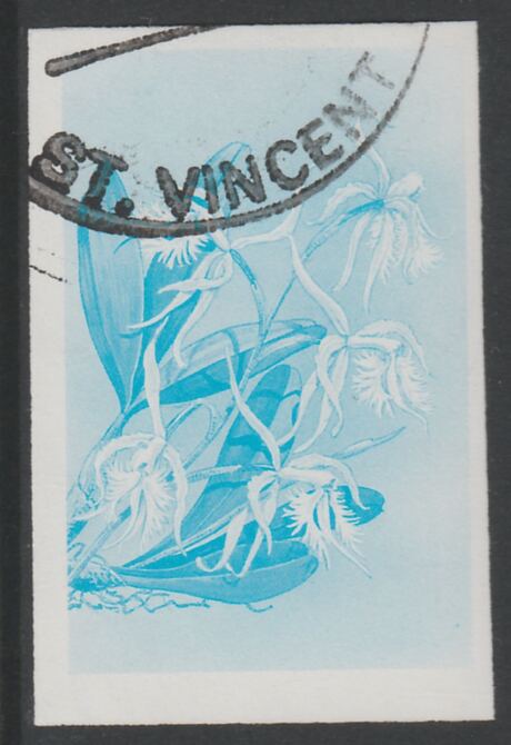 St Vincent 1985 Orchids 35c imperf proof in cyan only, fine used with part St Vincent cancellation, produced for a promotion. Ex Format International archives (as SG 850) , stamps on , stamps on  stamps on flowers, stamps on  stamps on orchids