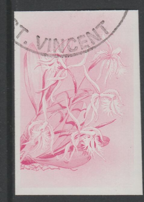 St Vincent 1985 Orchids 35c imperf proof in magenta only, fine used with part St Vincent cancellation, produced for a promotion. Ex Format International archives (as SG 8..., stamps on flowers, stamps on orchids