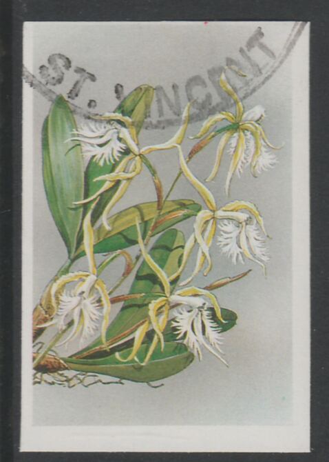 St Vincent 1985 Orchids 35c imperf proof in 3 colours only (yellow, magenta & cyan) fine used with part St Vincent cancellation, produced for a promotion. Ex Format International archives (as SG 850) , stamps on flowers, stamps on orchids