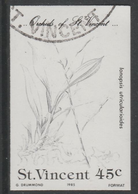 St Vincent 1985 Orchids 45c imperf proof in black only, fine used with part St Vincent cancellation, produced for a promotion. Ex Format International archives (as SG 851) , stamps on flowers, stamps on orchids