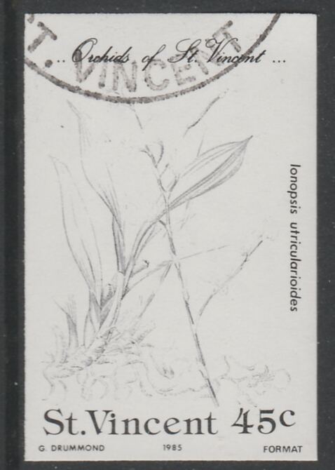 St Vincent 1985 Orchids 45c imperf proof in black only, fine used with part St Vincent cancellation, produced for a promotion. Ex Format International archives (as SG 851..., stamps on flowers, stamps on orchids